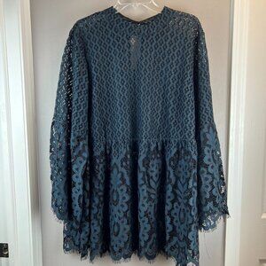 Lane Bryant Blue High Neck Lace Top Semi Sheer Long Bell Sleeve Bohemian Sz 24